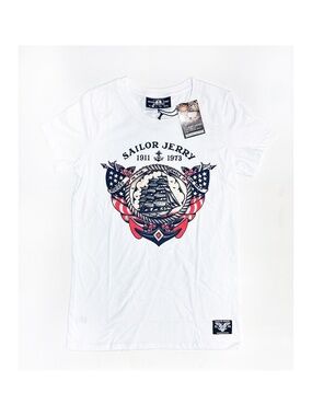SAILOR JERRY Men’s Medium White Graphic T Shirt Pirate Ship American Flag Anchor